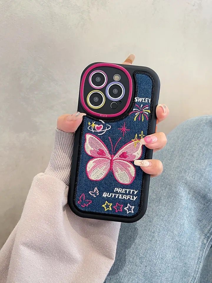 Denim Fabric Pink Butterfly Soft Silicone Rubber Case Mobile Case by CoverMeUp
