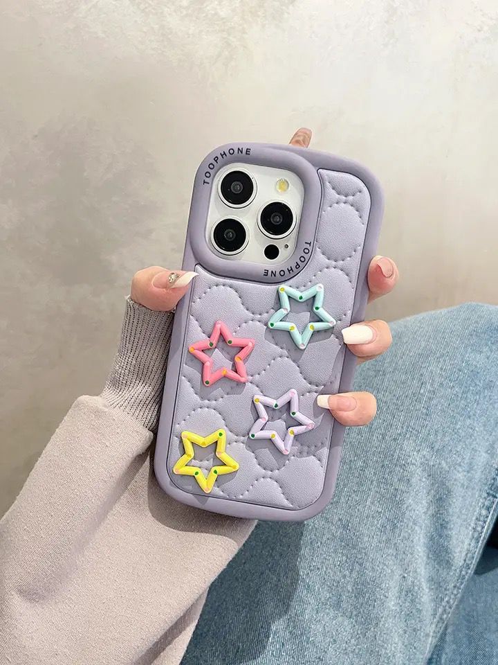 Protective Apple iPhone Back Cover - Candy Purple Colorful Stars Leather Soft Silicone Rubber iPhone Case