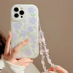 Protective Apple iPhone Back Cover - Purple Floral Flowers Lanyard Charm Transparent iPhone Soft Case - Style 2