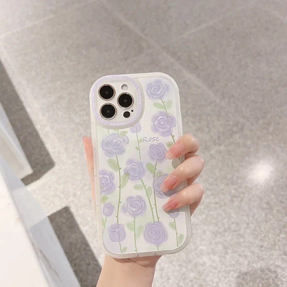 Protective Apple iPhone Back Cover - Purple Floral Flowers Lanyard Charm Transparent iPhone Soft Case - Style 5