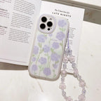 Protective Apple iPhone Back Cover - Purple Floral Flowers Lanyard Charm Transparent iPhone Soft Case - Style 3