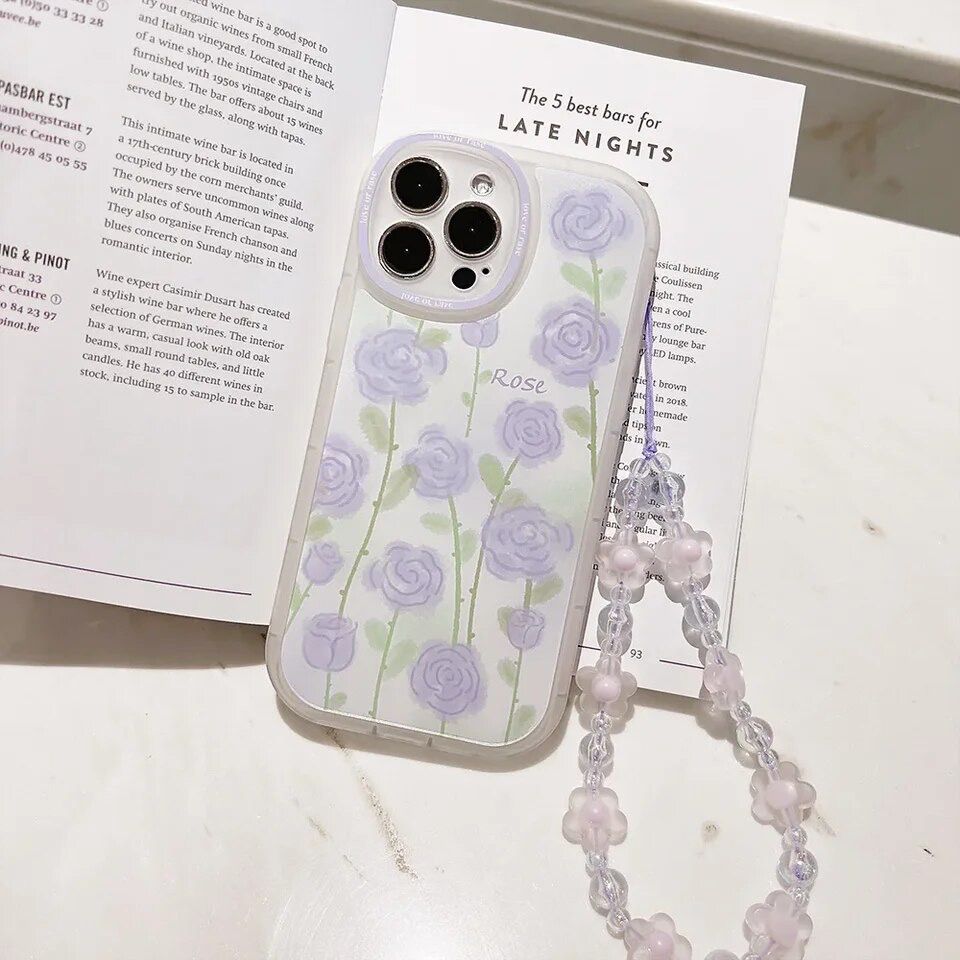 Protective Apple iPhone Back Cover - Purple Floral Flowers Lanyard Charm Transparent iPhone Soft Case