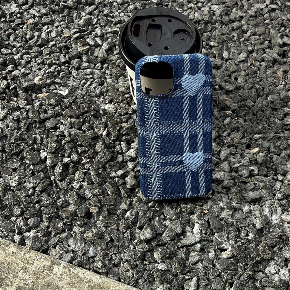 Protective Apple iPhone Back Cover - Denim Blue Love Heart iPhone Fabric Soft Case - Style 3