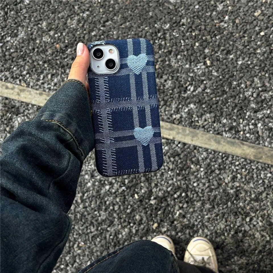 Protective Apple iPhone Back Cover - Denim Blue Love Heart iPhone Fabric Soft Case