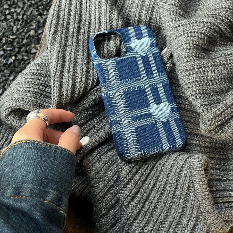 Protective Apple iPhone Back Cover - Denim Blue Love Heart iPhone Fabric Soft Case - Style 5