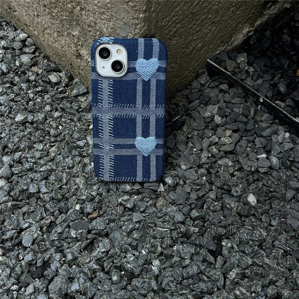 Protective Apple iPhone Back Cover - Denim Blue Love Heart iPhone Fabric Soft Case - Style 2