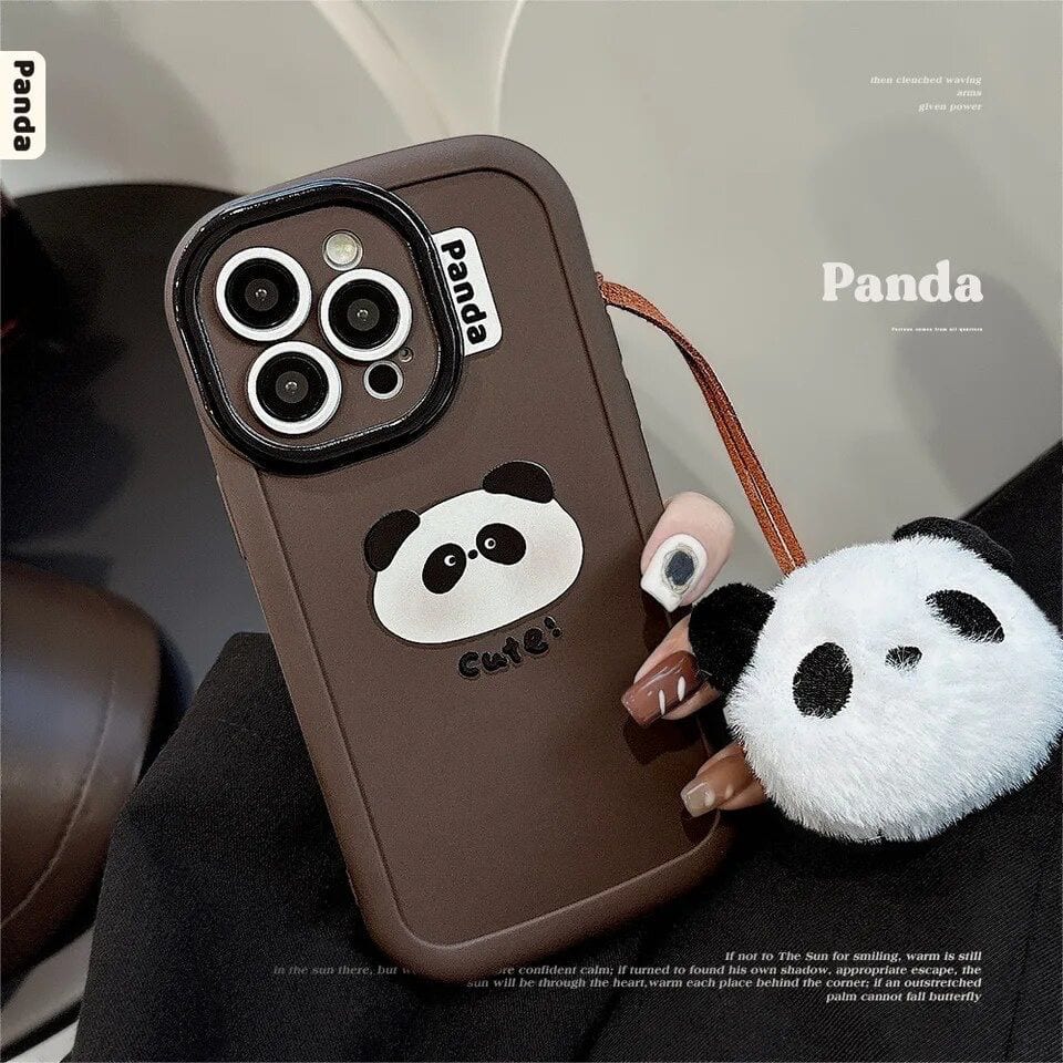 Protective Apple iPhone Back Cover - Panda Cute Round Lanyard Holder iPhone Soft Silicone Rubber Case