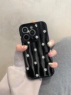 Protective Apple iPhone Back Cover - White Floral Flowers on Black Textured Soft Silicone iPhone Case