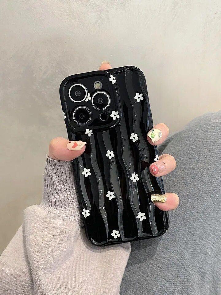 Protective Apple iPhone Back Cover - White Floral Flowers on Black Textured Soft Silicone iPhone Case