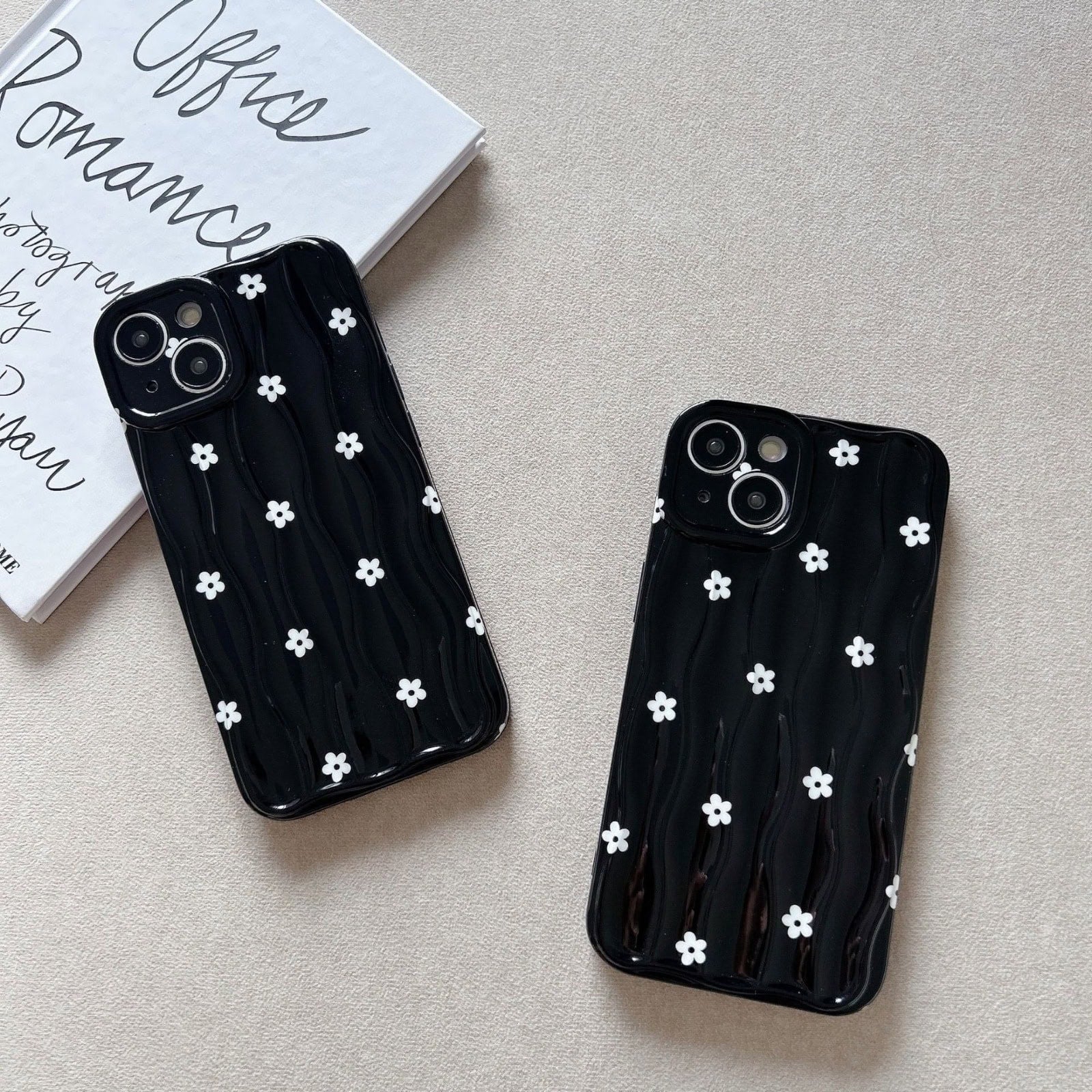 Protective Apple iPhone Back Cover - White Floral Flowers on Black Textured Soft Silicone iPhone Case - Style 6