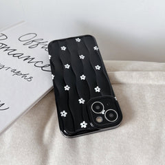 White Floral Flowers on Black Textured Soft Silicone iPhone Case