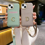 Protective Apple iPhone Back Cover - Luxury Card Holder Leather iPhone Strap Case With Custom Initial Name Single Plain Golden Letter