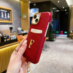 Protective Apple iPhone Back Cover - Luxury Card Holder Leather iPhone Strap Case With Custom Initial Name Single Plain Golden Letter - Style 8