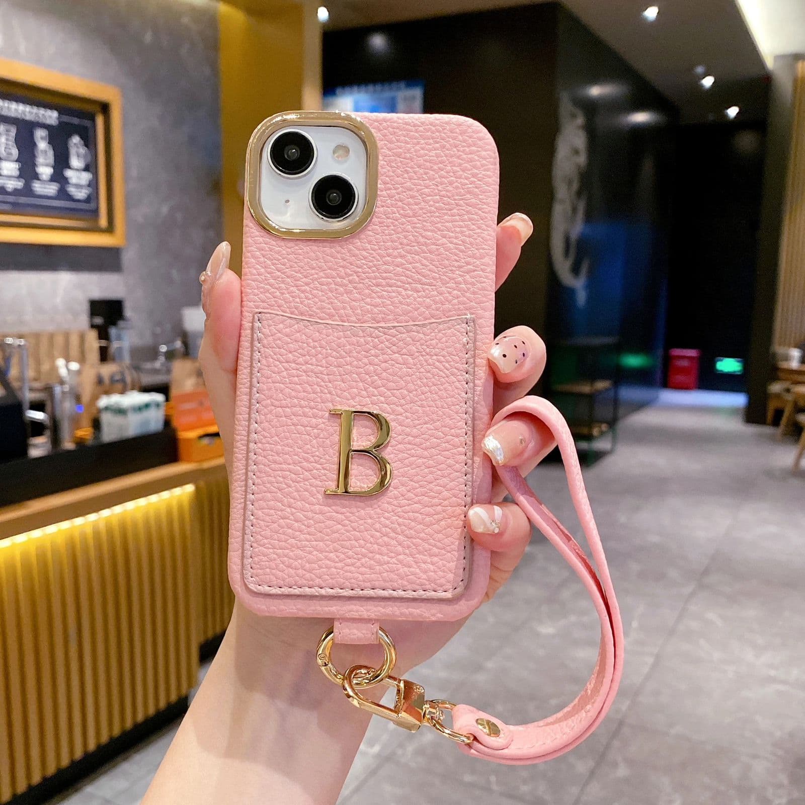 Protective Apple iPhone Back Cover - Luxury Card Holder Leather iPhone Strap Case With Custom Initial Name Single Plain Golden Letter - Style 9