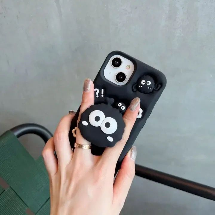 Protective Apple iPhone Back Cover - Black 3D Attached 2 in 1 Holder iPhone Rubber Silicone Case - Style 2