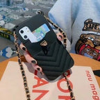 Protective Apple iPhone Back Cover - Luxury Black Vertical Wallet Lanyard Crossbody iPhone Chain Rubber Silicone Soft Case - Style 2