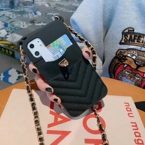 Protective Apple iPhone Back Cover - Luxury Black Vertical Wallet Lanyard Crossbody iPhone Chain Rubber Silicone Soft Case - Style 2