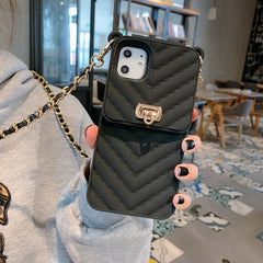 Luxury Black Vertical Wallet Lanyard Crossbody iPhone Chain Rubber Silicone Soft Case