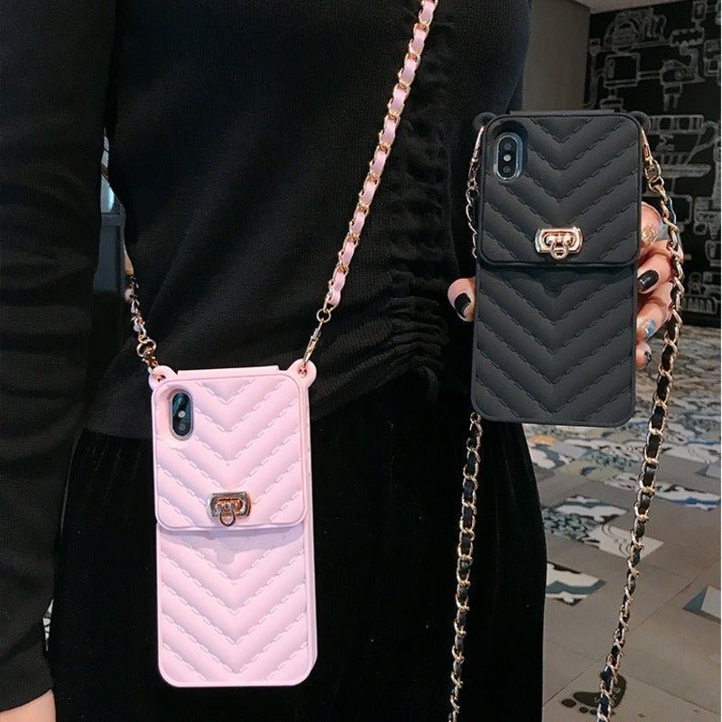 Protective Apple iPhone Back Cover - Luxury Black Vertical Wallet Lanyard Crossbody iPhone Chain Rubber Silicone Soft Case