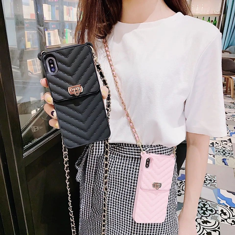 Luxury Black Vertical Wallet Lanyard Crossbody iPhone Chain Rubber Silicone Soft Case