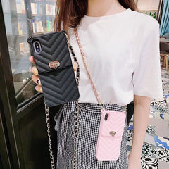 Luxury Black Vertical Wallet Lanyard Crossbody iPhone Chain Rubber Silicone Soft Case