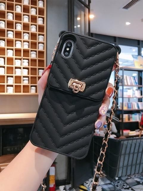 Luxury Black Vertical Wallet Lanyard Crossbody iPhone Chain Rubber Silicone Soft Case