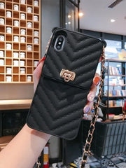 Luxury Black Vertical Wallet Lanyard Crossbody iPhone Chain Rubber Silicone Soft Case