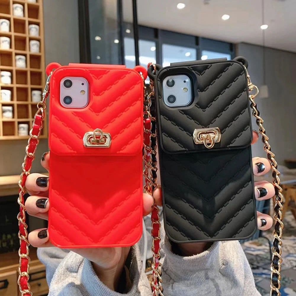 Luxury Black Vertical Wallet Lanyard Crossbody iPhone Chain Rubber Silicone Soft Case