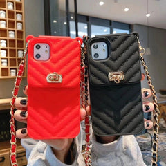Luxury Black Vertical Wallet Lanyard Crossbody iPhone Chain Rubber Silicone Soft Case