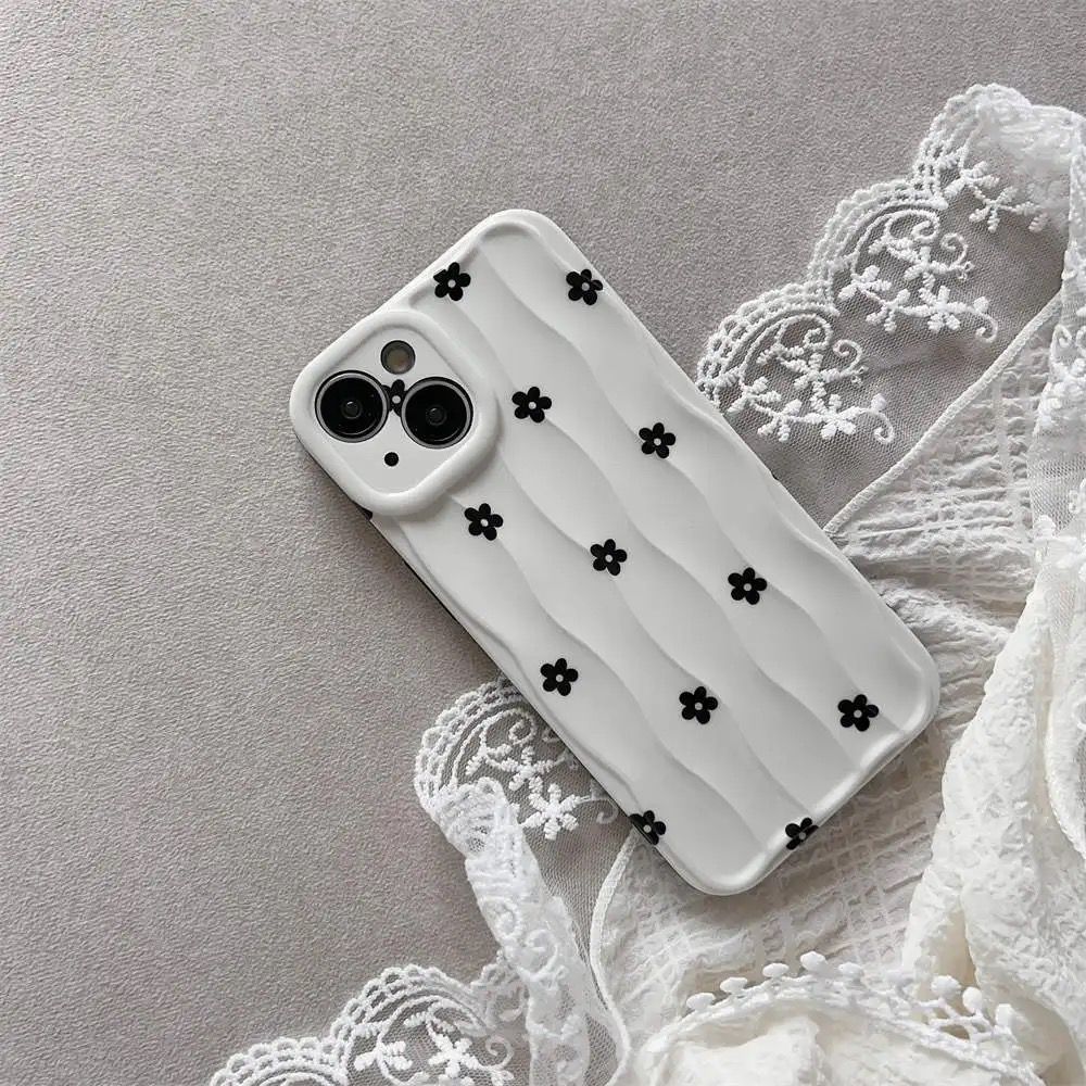 Protective Apple iPhone Back Cover - Black Floral Flowers on White Textured Soft Silicone iPhone Case