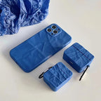 Protective Apple iPhone Back Cover - Solid Blue Textured Matching Airpod Soft Silicone iPhone Case - Style 2
