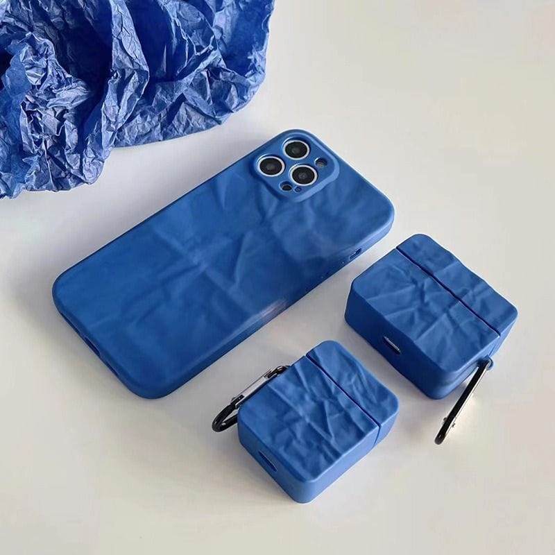 Protective Apple iPhone Back Cover - Solid Blue Textured Matching Airpod Soft Silicone iPhone Case - Style 2