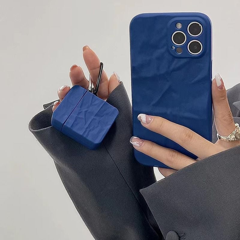 Protective Apple iPhone Back Cover - Solid Blue Textured Matching Airpod Soft Silicone iPhone Case - Style 9