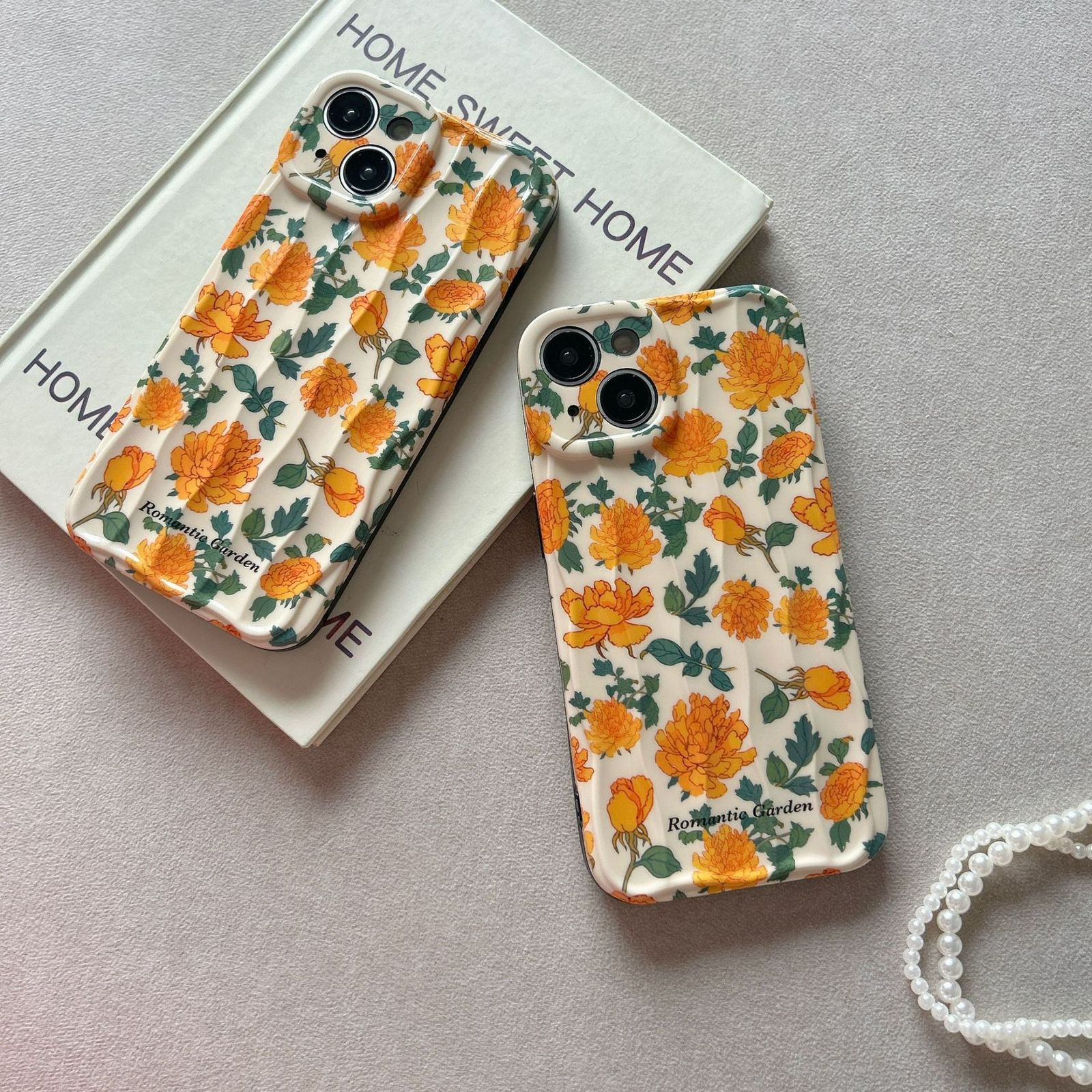 Protective Apple iPhone Back Cover - Orange Green Leaves Floral Textured Soft Silicone iPhone Case