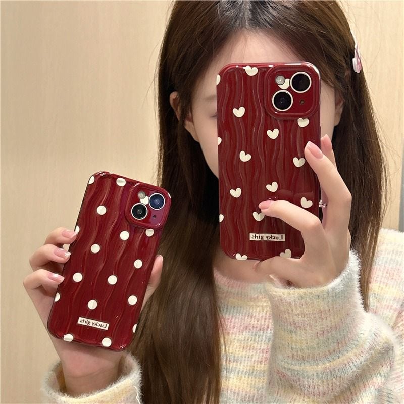Protective Apple iPhone Back Cover - Maroon With White Hearts Textured Soft Silicone iPhone Case - Style 3