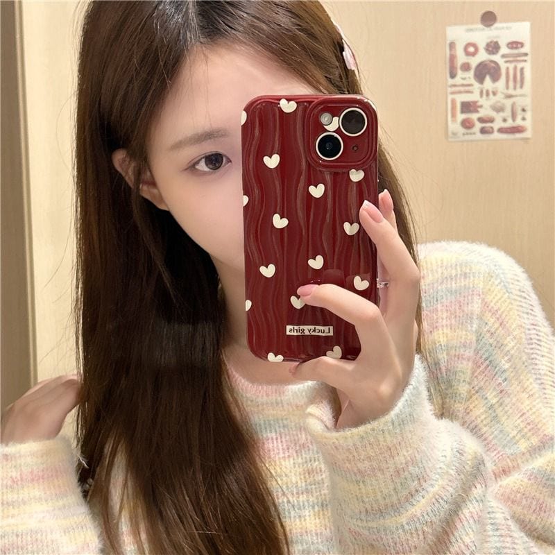 Protective Apple iPhone Back Cover - Maroon With White Hearts Textured Soft Silicone iPhone Case - Style 4