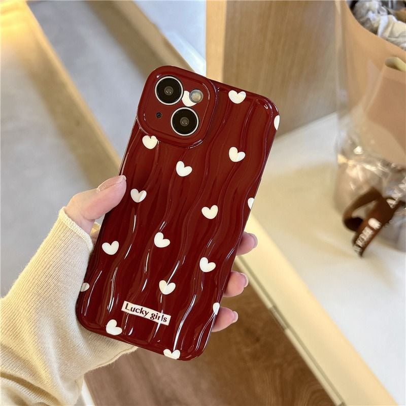 Protective Apple iPhone Back Cover - Maroon With White Hearts Textured Soft Silicone iPhone Case
