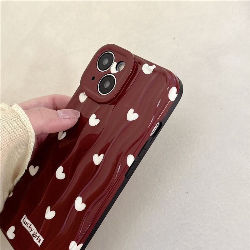 Protective Apple iPhone Back Cover - Maroon With White Hearts Textured Soft Silicone iPhone Case - Style 5