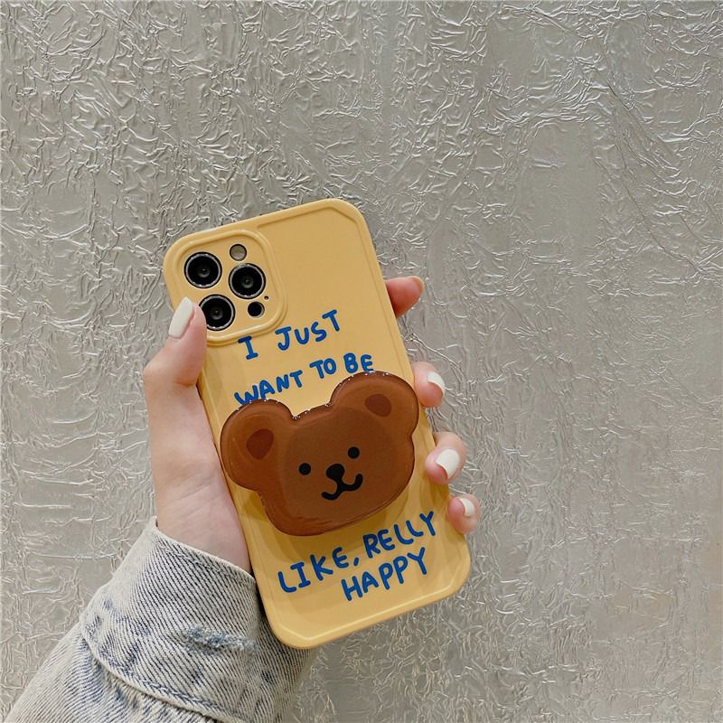 Protective Apple iPhone Back Cover - Yellow Happy Teddy Bear Phone Holder iPhone Soft Case