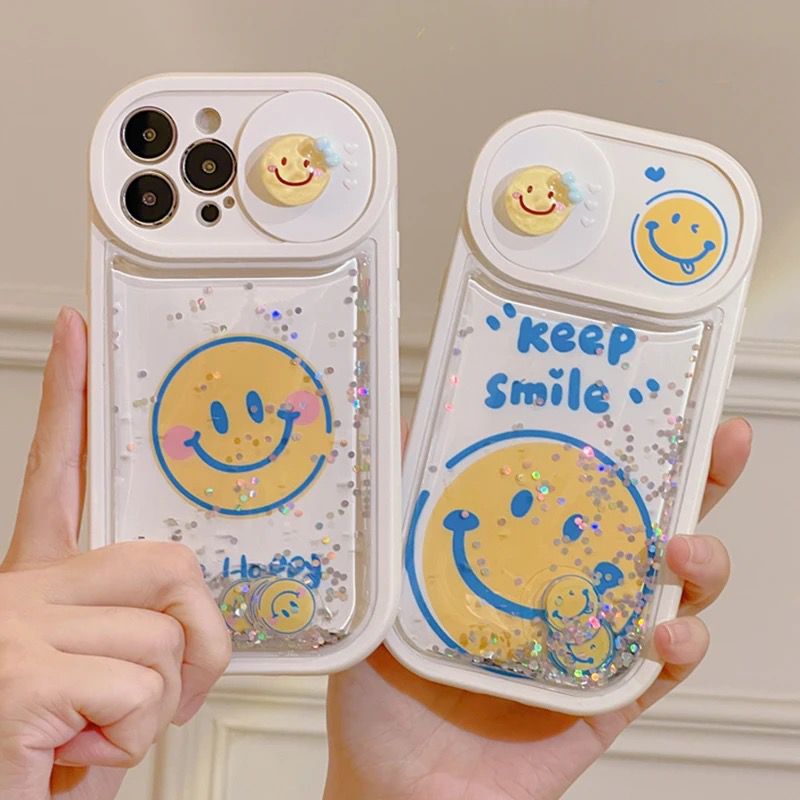 Protective Apple iPhone Back Cover - Smiley 3D Glitter Camera Shutter Air Cushion White iPhone Soft Silicone Case