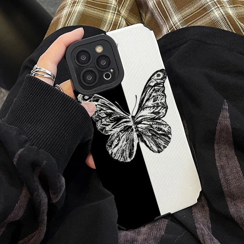 Protective Apple iPhone Back Cover - B/W Butterfly iPhone Textured Silicone Case - Style 2