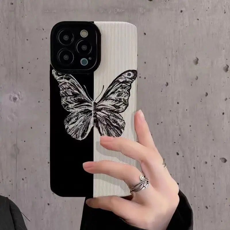 Protective Apple iPhone Back Cover - B/W Butterfly iPhone Textured Silicone Case - Style 4