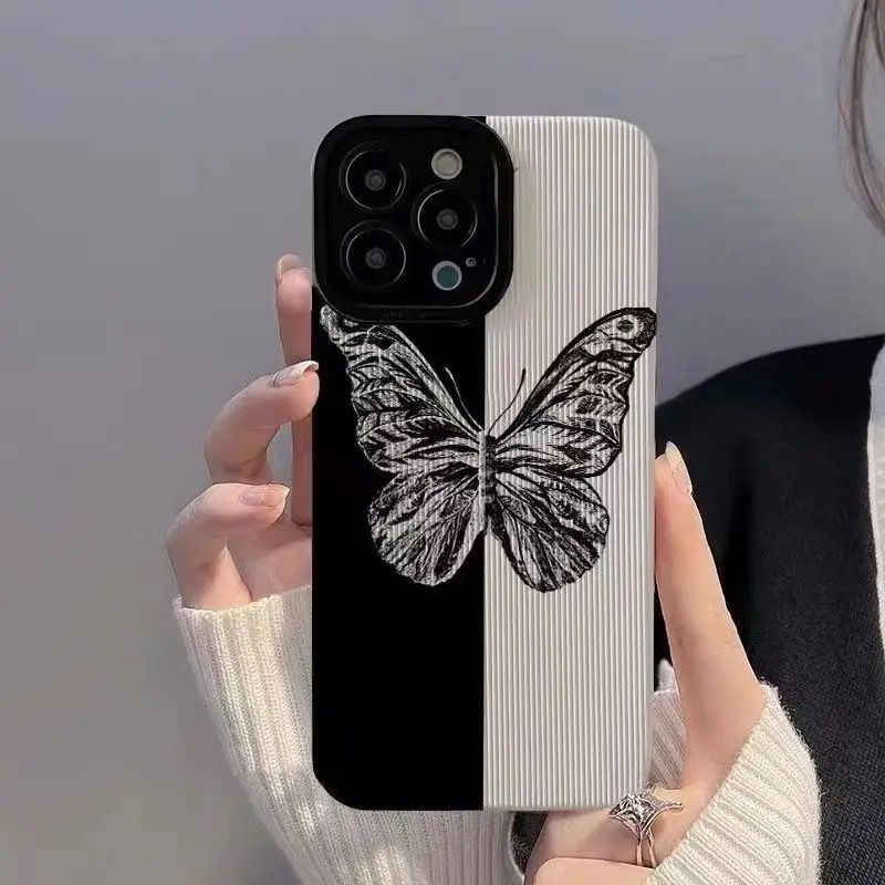Protective Apple iPhone Back Cover - B/W Butterfly iPhone Textured Silicone Case - Style 5