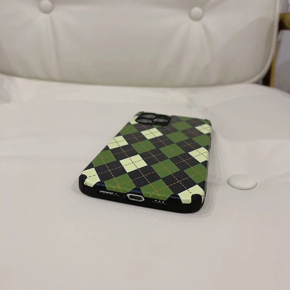 Protective Apple iPhone Back Cover - Green Black Checks Geometric iPhone Textured Silicone Case - Style 4