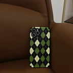 Protective Apple iPhone Back Cover - Green Black Checks Geometric iPhone Textured Silicone Case