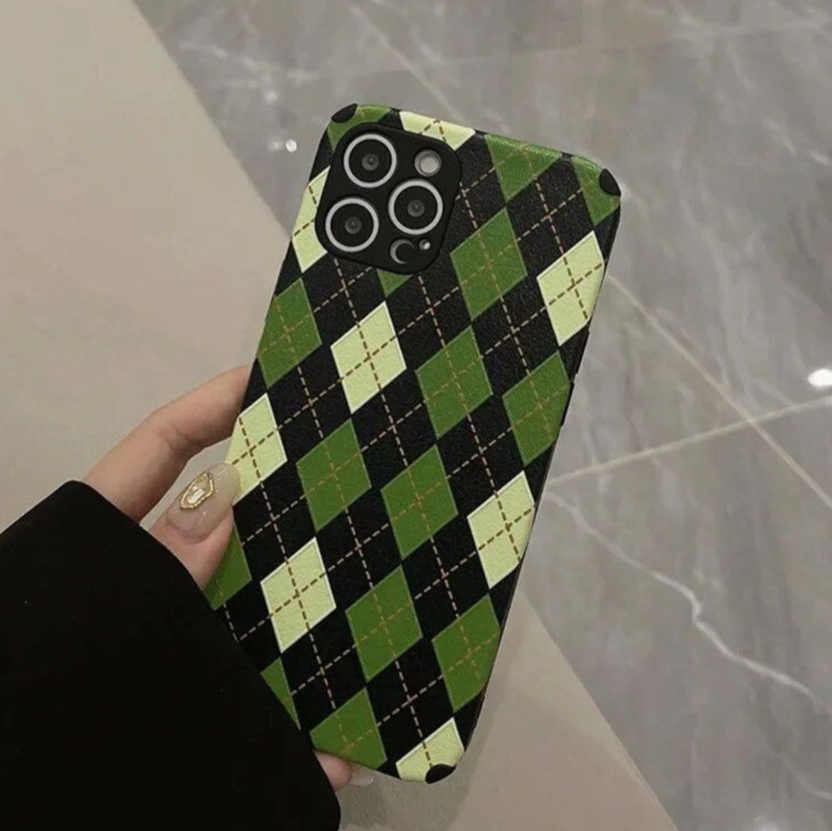 Protective Apple iPhone Back Cover - Green Black Checks Geometric iPhone Textured Silicone Case - Style 2