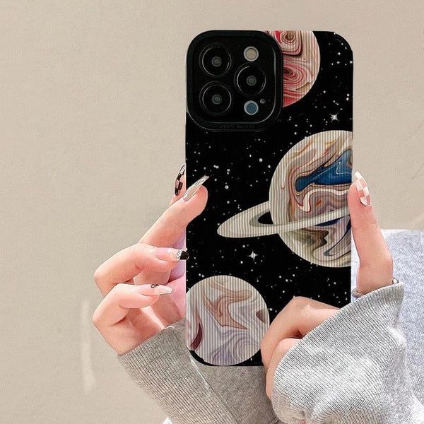 Protective Apple iPhone Back Cover - Samsung iPhone Planet Stars Galaxy Black Textured Silicone Case