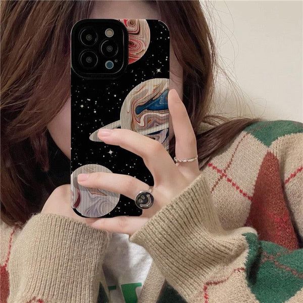 Protective Apple iPhone Back Cover - Samsung iPhone Planet Stars Galaxy Black Textured Silicone Case - Style 3