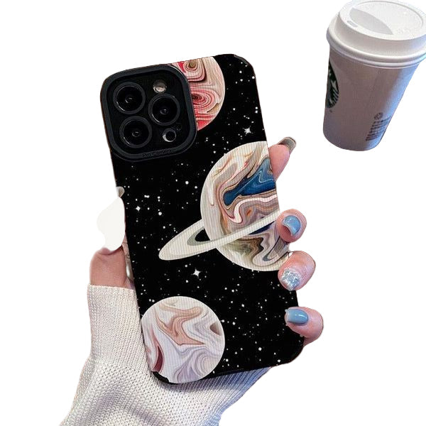 Protective Apple iPhone Back Cover - Samsung iPhone Planet Stars Galaxy Black Textured Silicone Case - Style 2