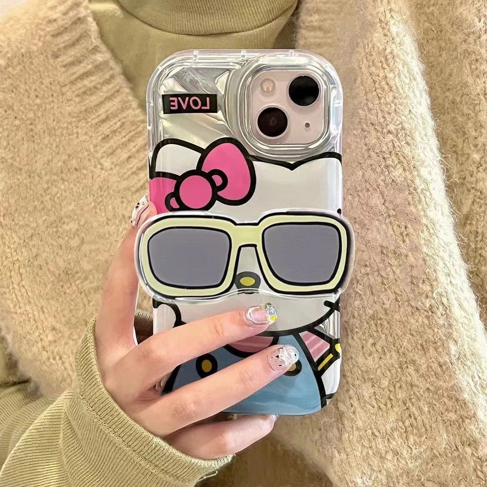 Protective Apple iPhone Back Cover - Hello Kitty With 3D Sunglasses Bracket Phone Holder iPhone Soft Case